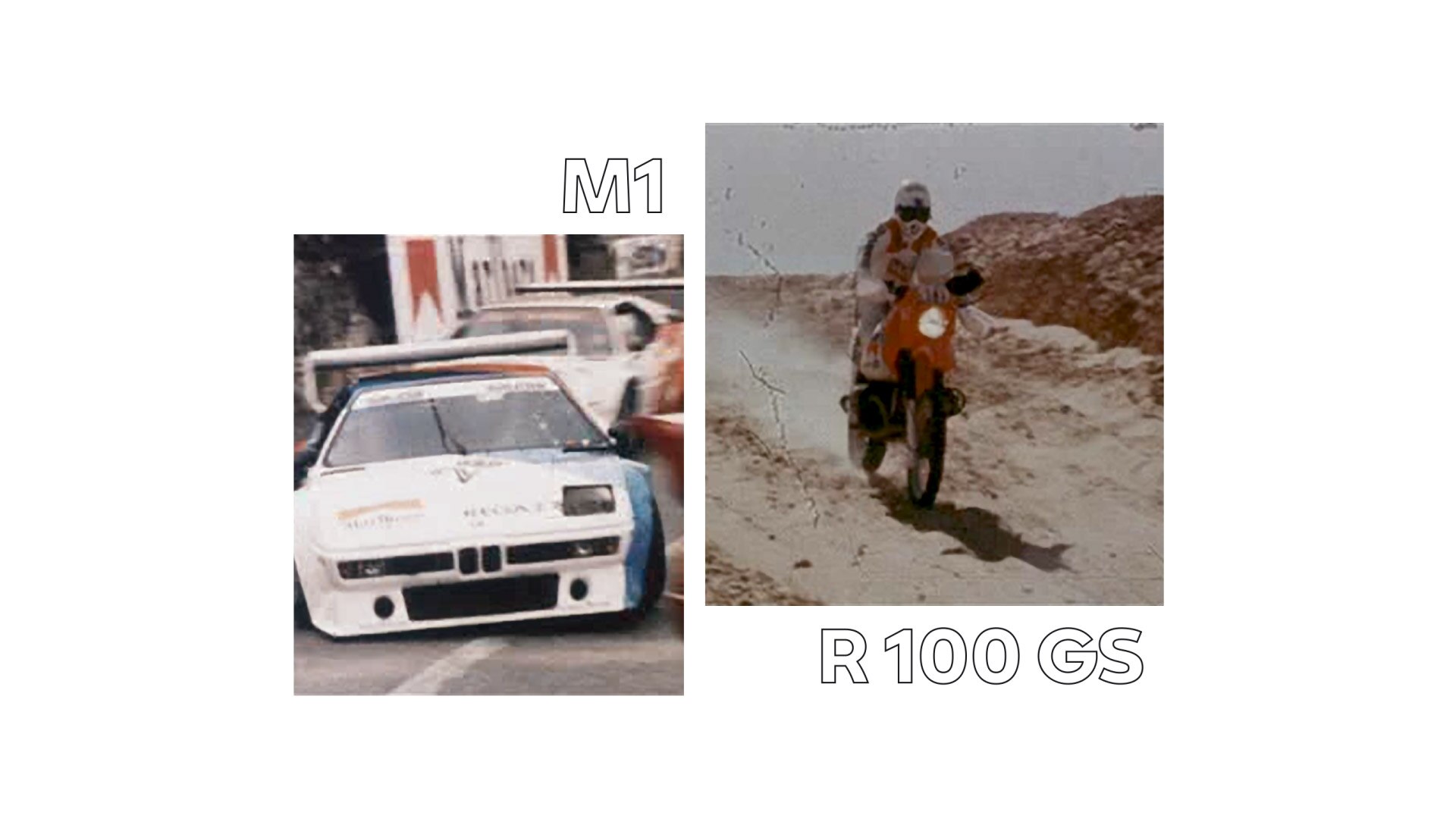 À gauche, une photo historique de la BMW M1, à droite, le légendaire modèle du rallye Paris Dakar.