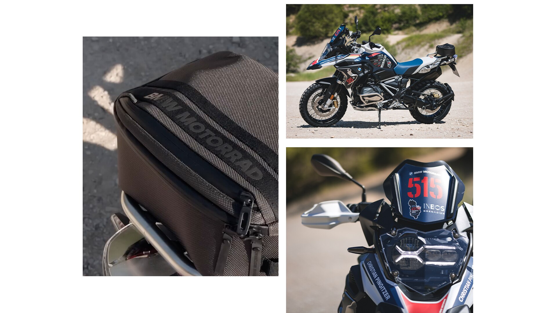 Vues détaillées de la moto : protection moteur, écran de protection avant et vue de profil de la moto
