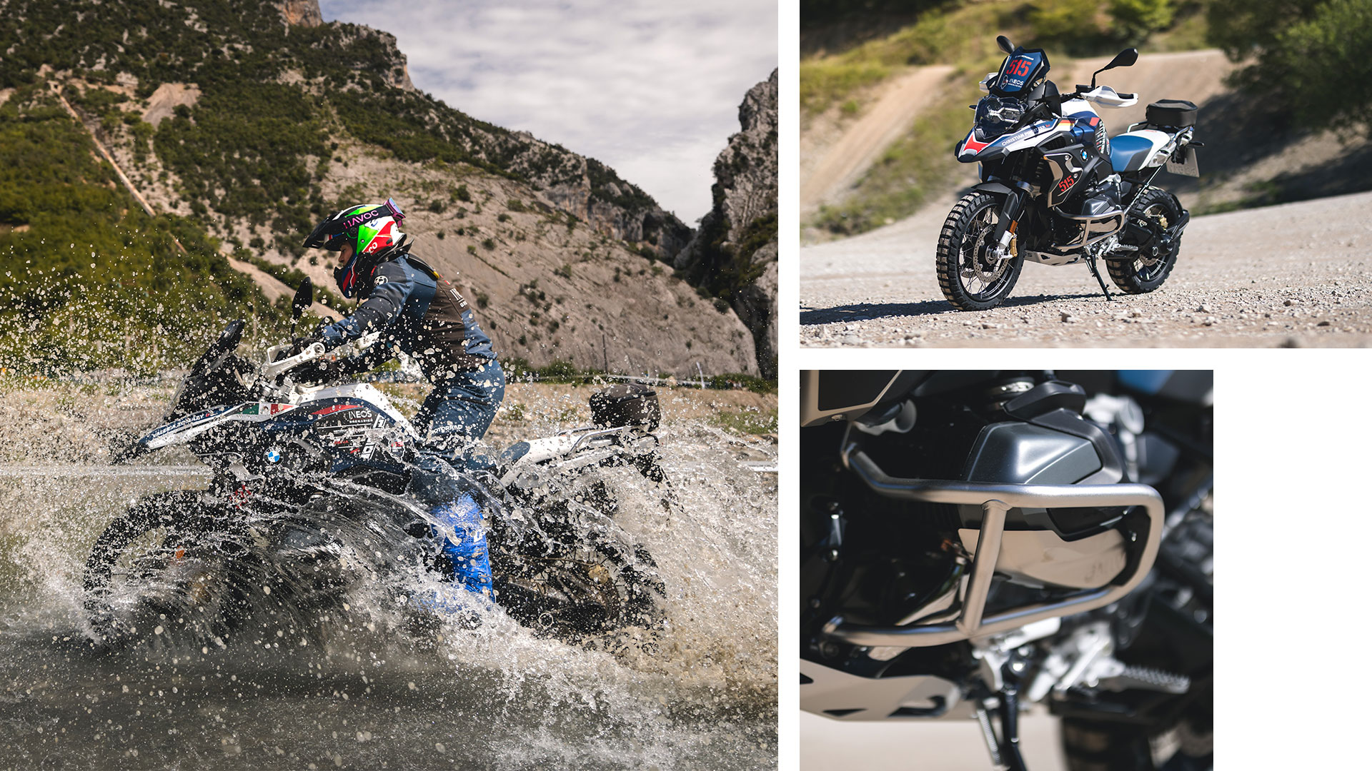 La moto International GS Trophy sous différents angles et à un passage à gué.
