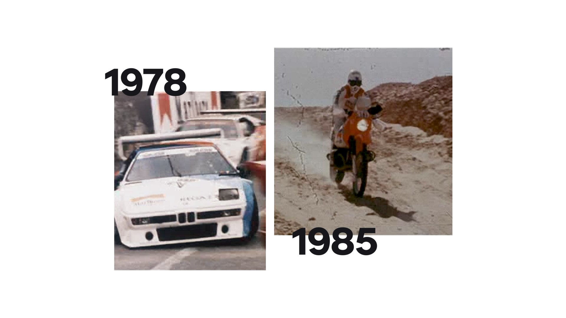 À gauche, une photo historique de la BMW M1, à droite, le légendaire modèle du rallye Paris Dakar.
